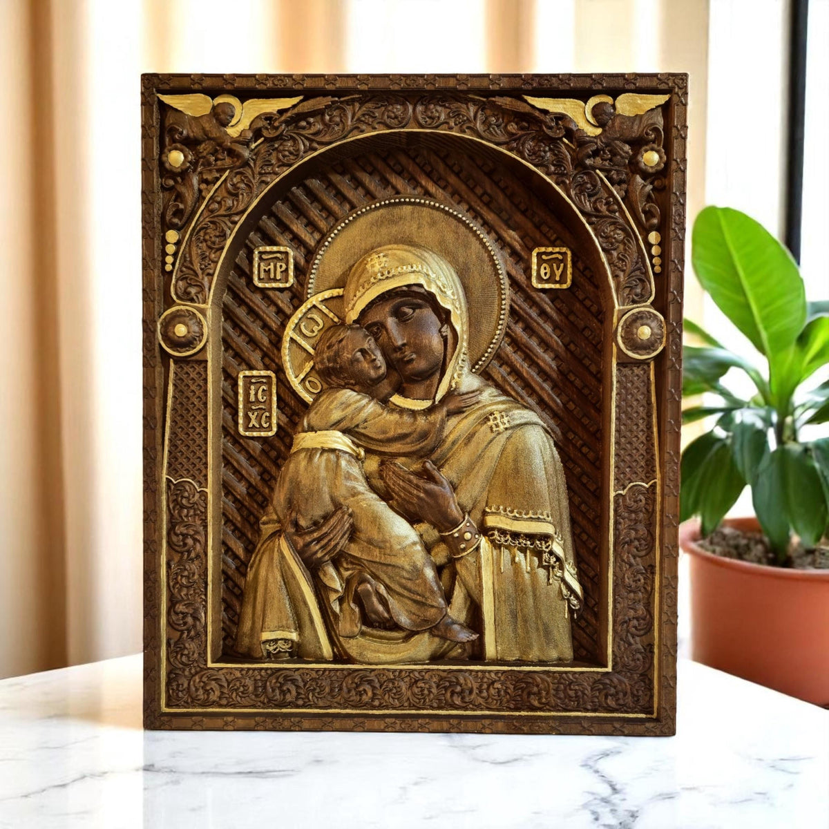 Virgin Mary Mother of God Wooden Carved Handmade Christian Icon. Byzantine Greek Orthodox Decor.
