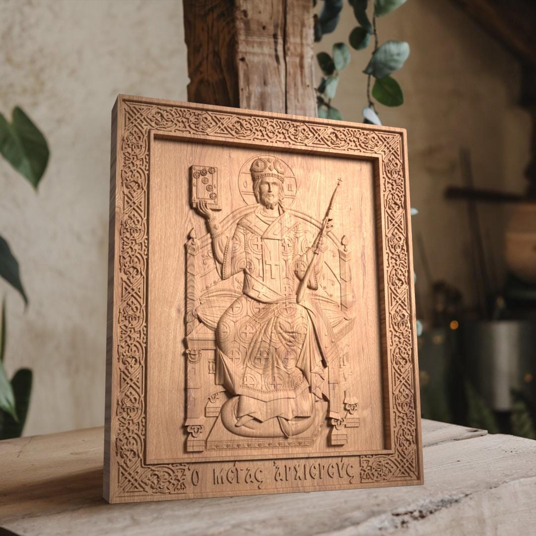 Jesus Christ Great High Priest Wooden Carved Handcrafted Christian Religious Icon. Byzantine Home Wall Art Decor Gift. Orthodox Greek Woodcarving Sculpture.