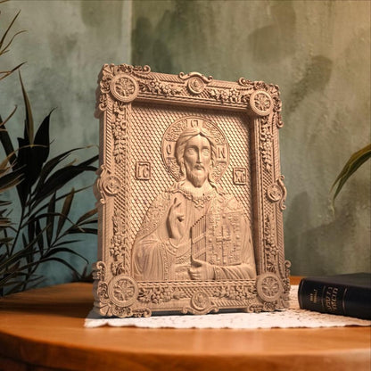 Jesus Christ Wooden Carved Handcrafted Christian Religious Icon. Byzantine Home Wall Art Decor Gift. Orthodox Greek Woodcarving Sculpture.