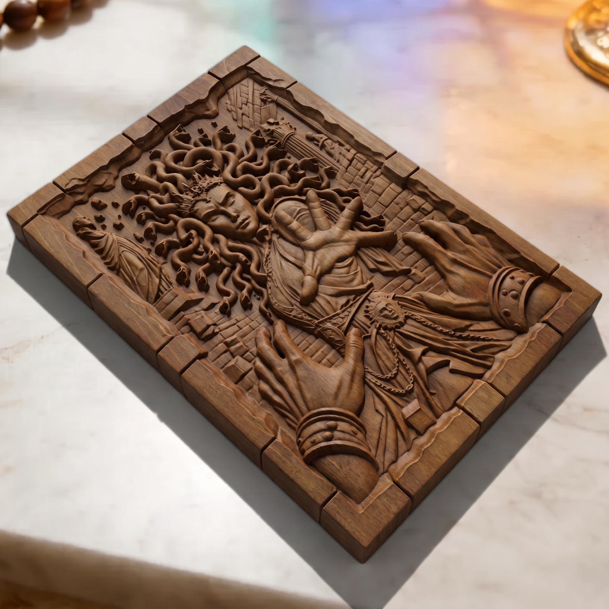 Medusa's Curse from Ancient Greek Mythology 3D Wooden Bas Relief Panel Art Sculptural Gift Idea Cretan Holy Carvings