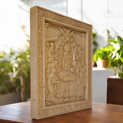 Dormition of the Mother of God Wooden Carved Handmade Christian Icon. Byzantine Greek Decor.