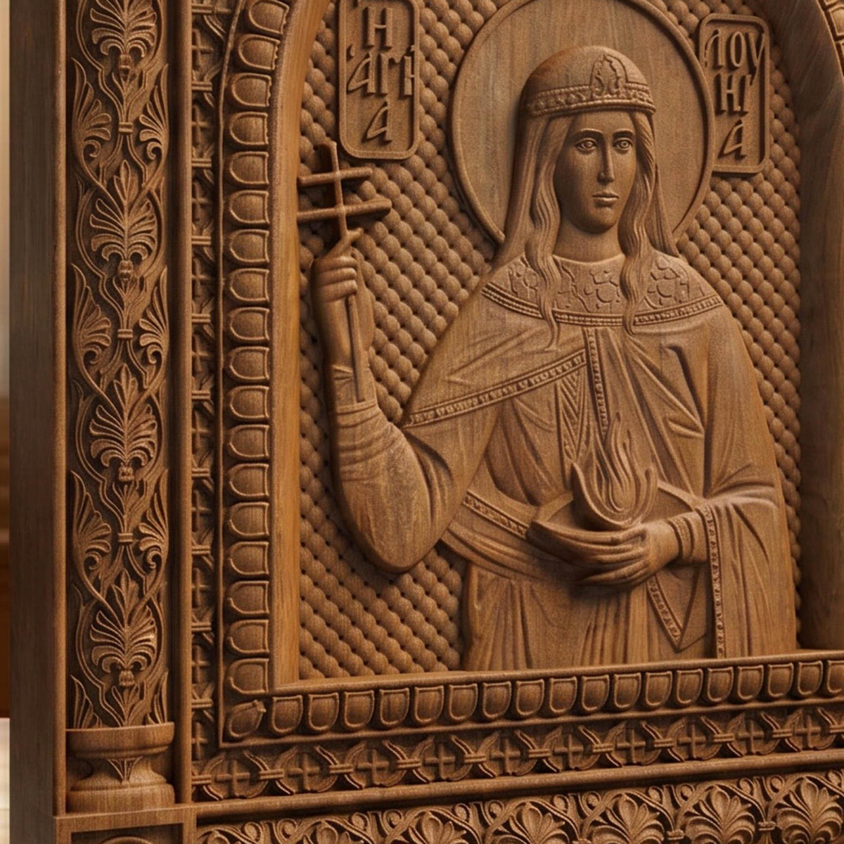 Saint Lucy Patron Saint of Blindness Wooden Carved Handmade Christian Icon | Byzantine Greek Orthodox Home Art Decor