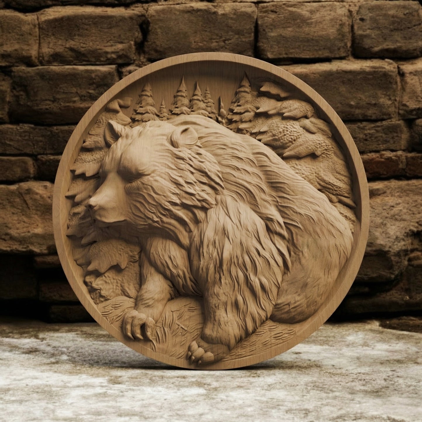 Bear in Plate Handmade Wooden Carving. Home Gift Wall Art Nature Decor.