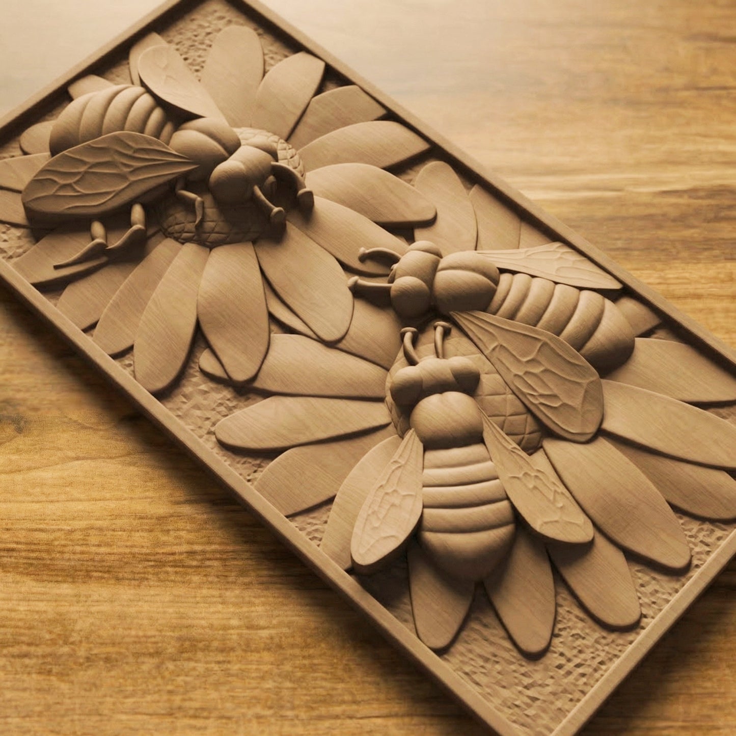 Bees Panel Handmade Wooden Carving. Home Gift Wall Art Nature Decor.