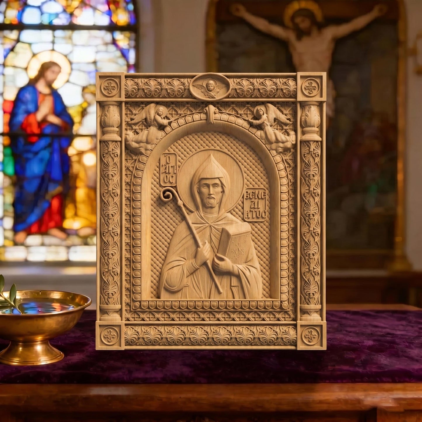 Saint Benedict Patron Saint of Europe Wooden Carved Handmade Christian Icon | Byzantine Greek Orthodox Home Art Decor