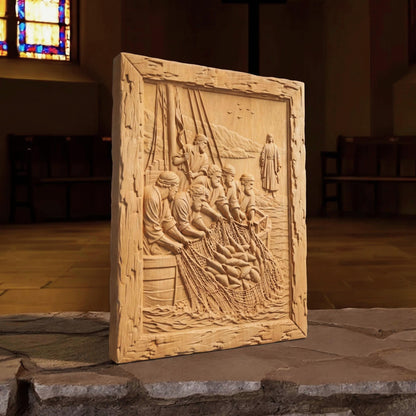 Jesus and the Miraculous Catch of Fish Wooden Carved Handmade Christian Icon  Byzantine Greek Orthodox Home Decor Cretan Holy Carvings