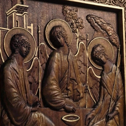 Holy Trinity Wooden Carved Handmade Christian Icon. Byzantine Greek Orthodox Home Art Decor.