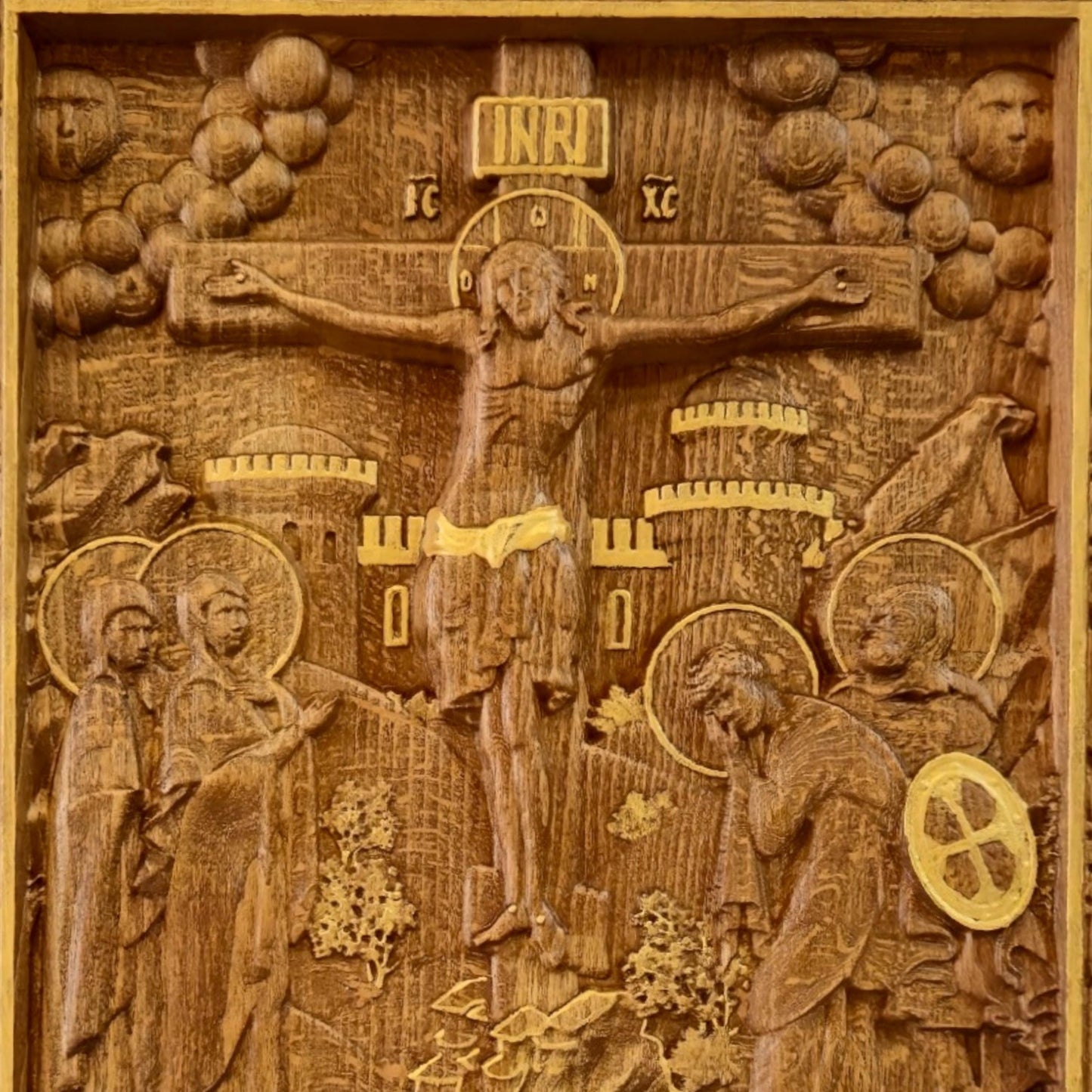 Crucifixion of Jesus Christ Wooden Carved Handcrafted Christian Religious Icon. Byzantine Home Wall Art Decor Gift. Orthodox Greek Woodcarving Sculpture.