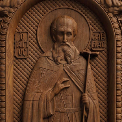 Saint Savvas the Sanctified Wooden Carved Handmade Christian Icon | Byzantine Greek Orthodox Home Art Decor