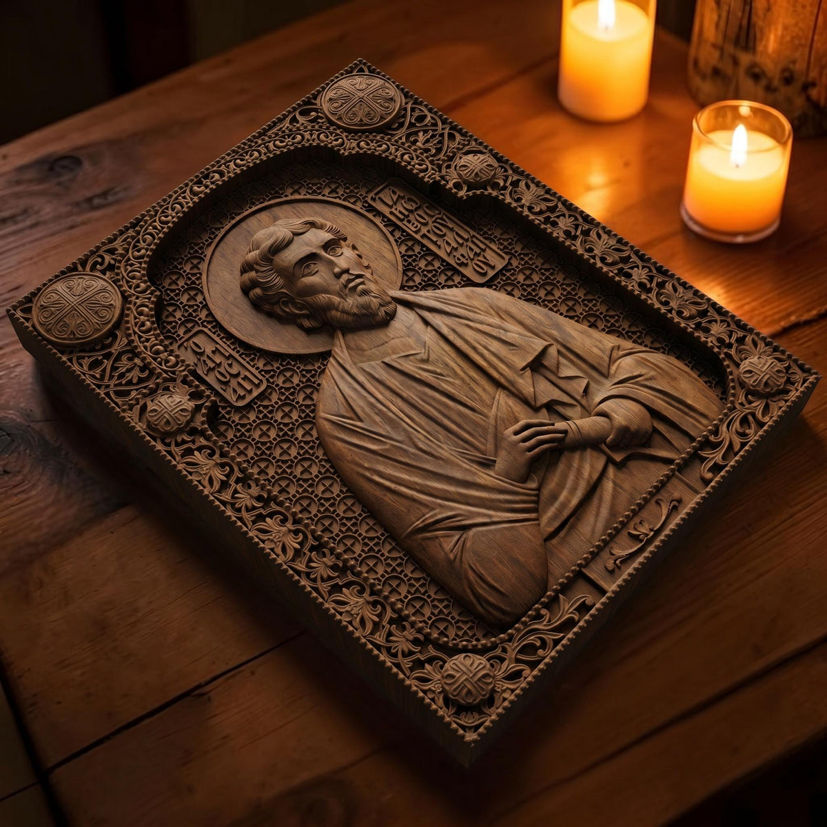 Saint James of Alphaeus the Apostle Wooden Carved Handmade Christian Icon Patron Saint of Pharmacists Flat Side Brown Oak Cretan Holy Carvings