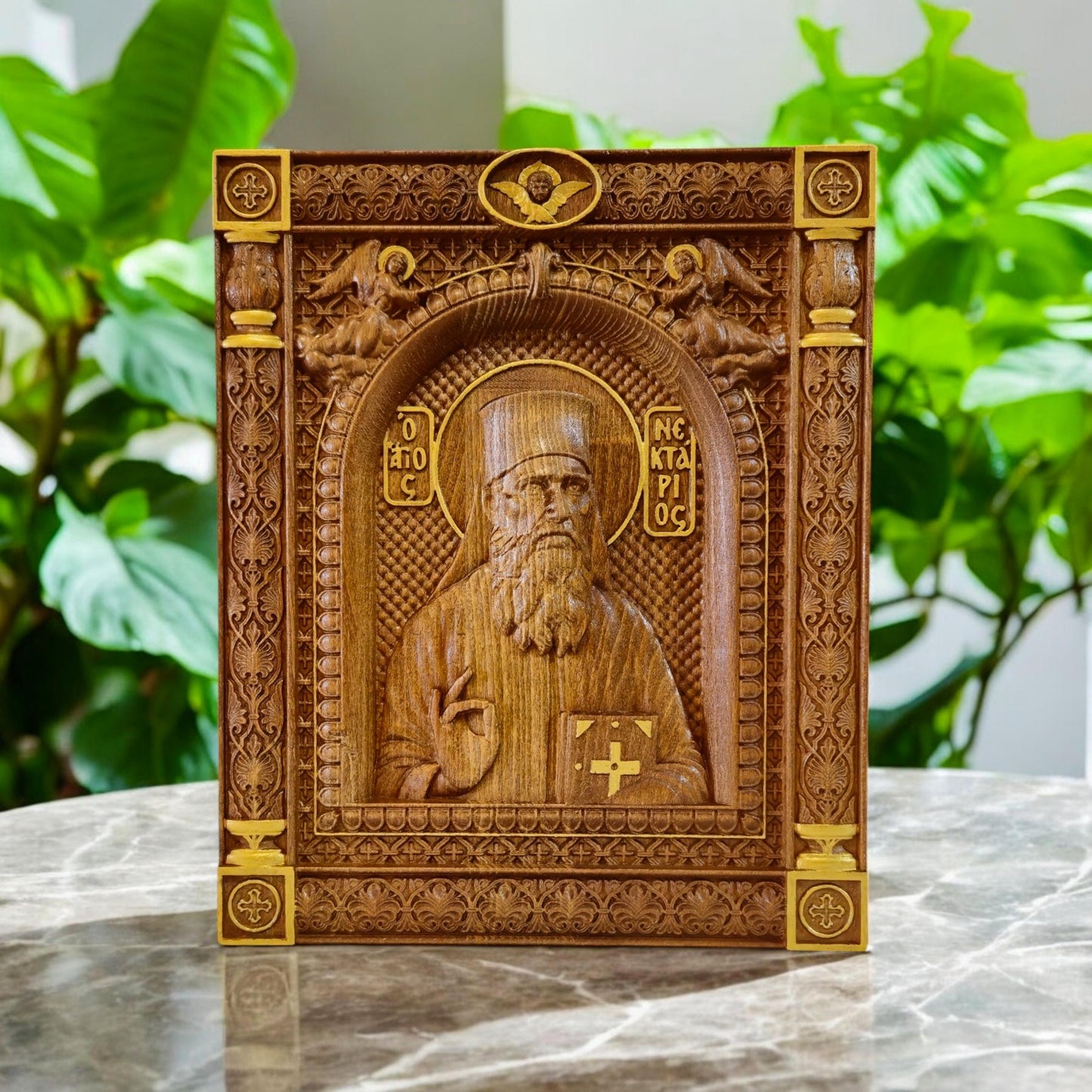 Saint Nectarios of Aegina Wooden Carved Handcrafted Christian Religious Icon. Byzantine Home Wall Art Decor Gift. Orthodox Greek Woodcarving Sculpture.