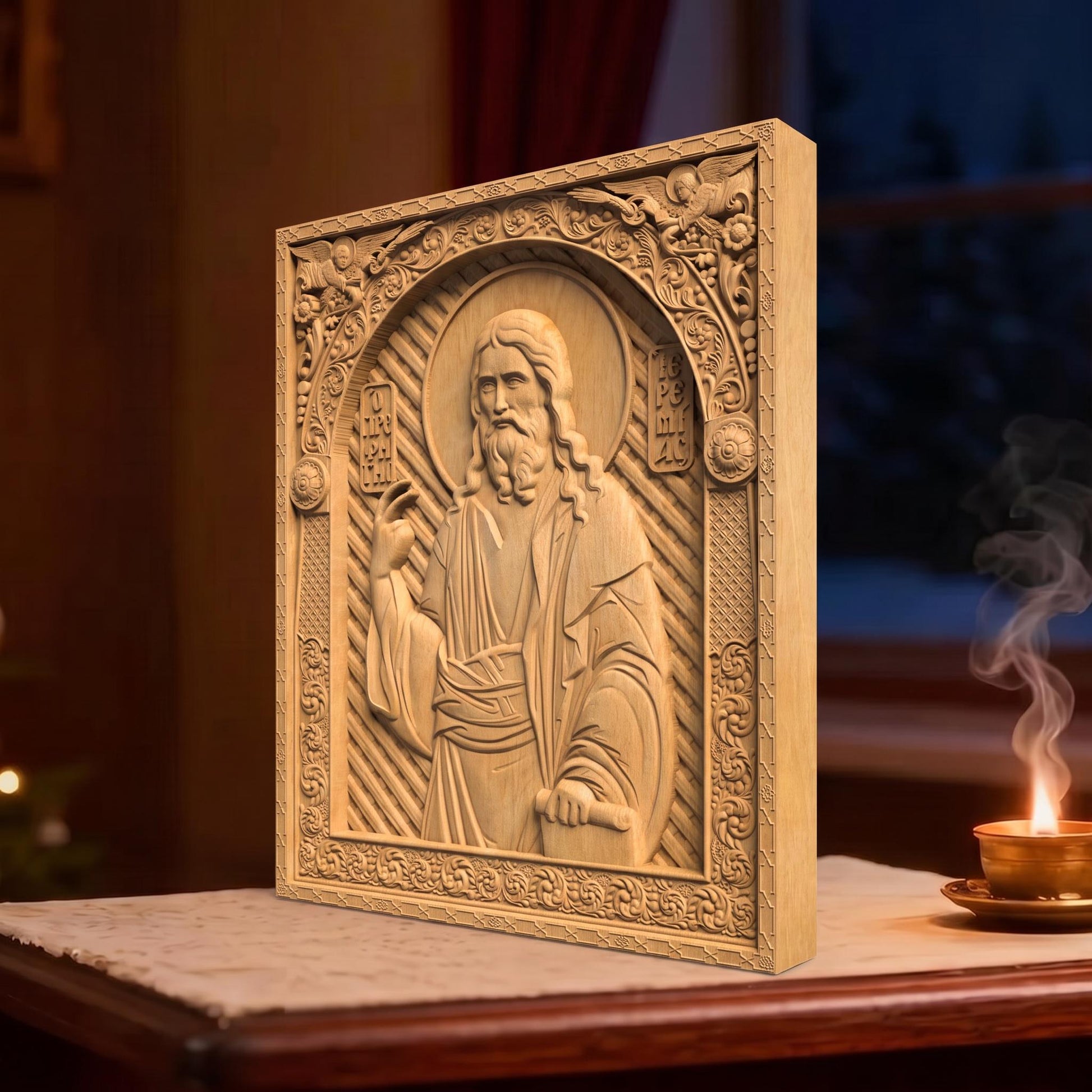 Prophet Jeremiah Wooden Carved Handmade Christian Icon | Byzantine Greek Orthodox Home Art Decor