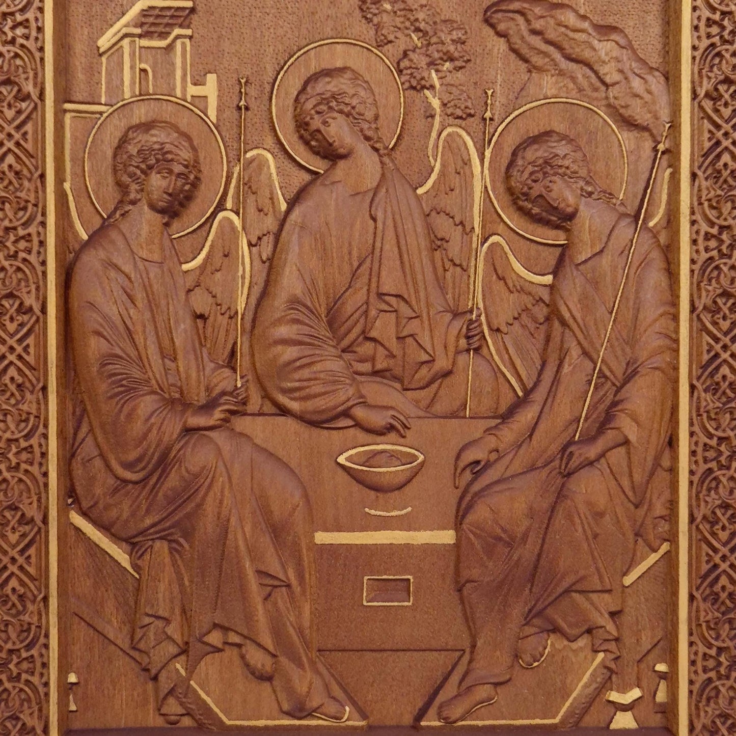 Holy Trinity Wooden Carved Handmade Christian Icon. Byzantine Greek Orthodox Home Art Decor.