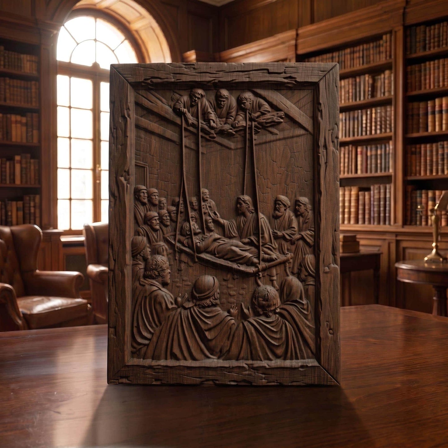 Jesus Christ Healing the Paralyzed Man Brought From the Roof Wooden Carved Handmade Christian Icon  Byzantine Greek Orthodox Home Decor Cretan Holy Carvings