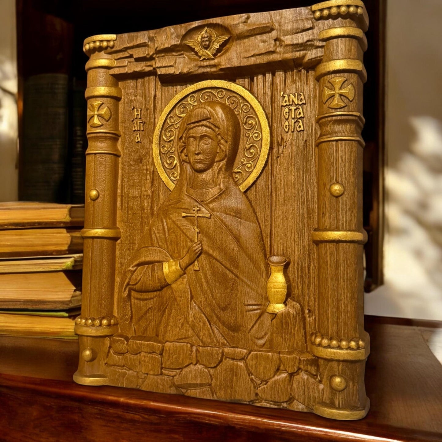 Saint Anastasia Wooden Carved Handcrafted Christian Religious Icon. Byzantine Home Wall Art Decor Gift. Orthodox Greek Woodcarving Sculpture.