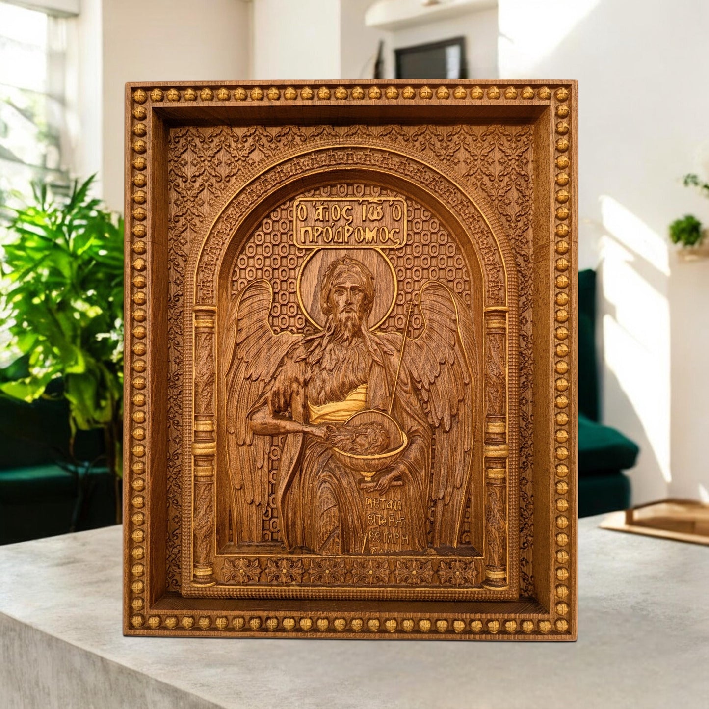 Saint John the Baptist Wooden Carved Handcrafted Christian Religious Icon. Byzantine Home Wall Art Decor Gift. Orthodox Greek Woodcarving Sculpture.