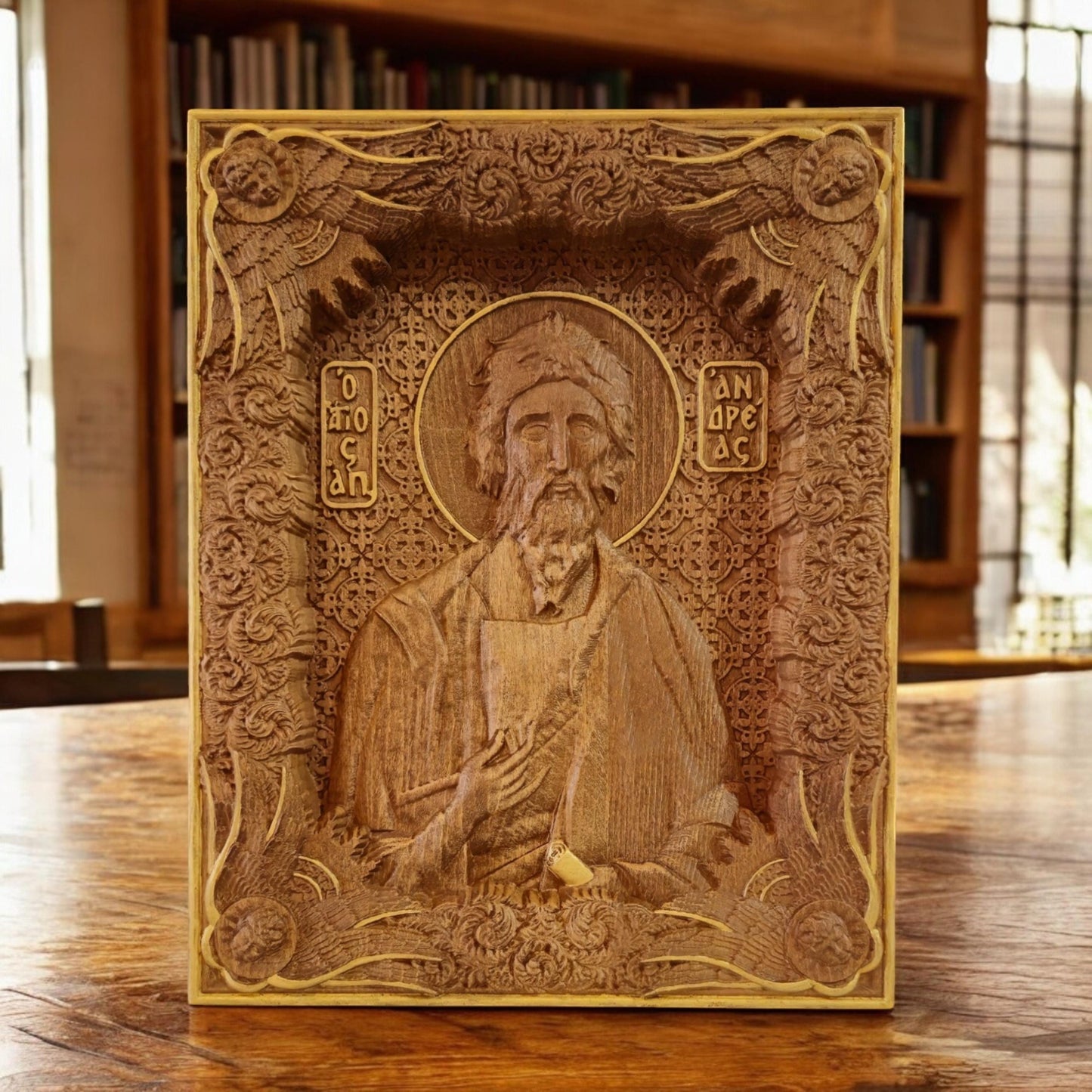 Saint Andrew the Apostle Wooden Carved Handcrafted Christian Religious Icon. Byzantine Home Wall Art Decor Gift. Orthodox Greek Woodcarving Sculpture.