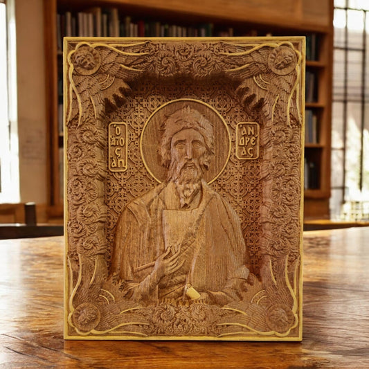 Saint Andrew the Apostle Wooden Carved Handcrafted Christian Religious Icon. Byzantine Home Wall Art Decor Gift. Orthodox Greek Woodcarving Sculpture.