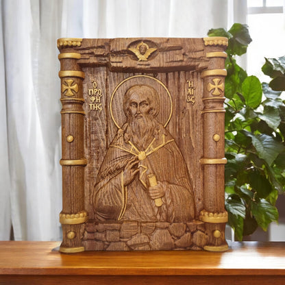 Prophet Elijah Wooden Carved Handcrafted Christian Religious Icon. Byzantine Home Wall Art Decor Gift. Orthodox Greek Woodcarving Sculpture.