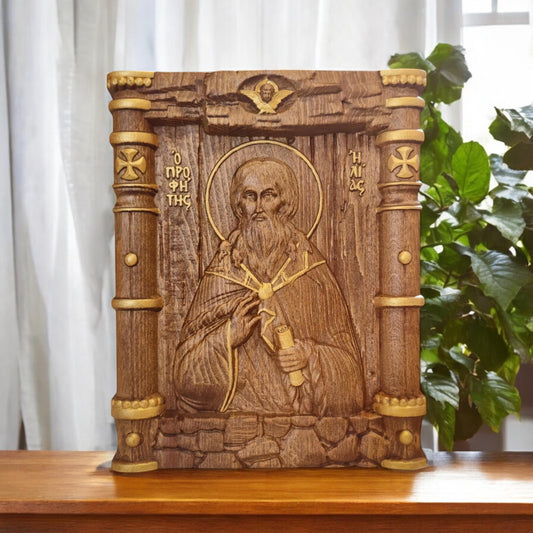 Prophet Elijah Wooden Carved Handcrafted Christian Religious Icon. Byzantine Home Wall Art Decor Gift. Orthodox Greek Woodcarving Sculpture.