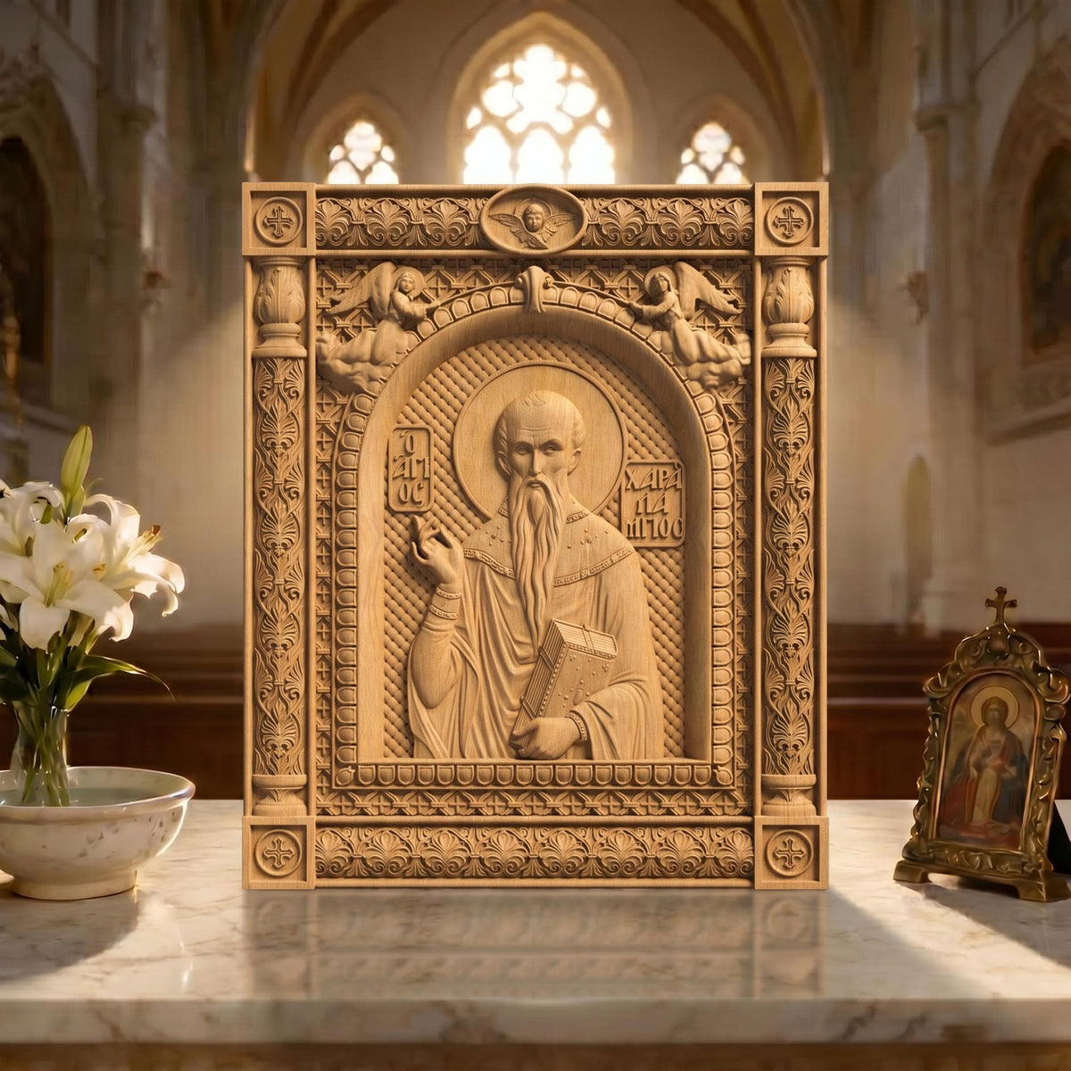 Saint Charalambos Wooden Carved Handmade Christian Icon | Byzantine Greek Orthodox Home Art Decor