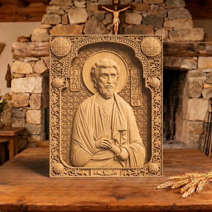 Saint James of Alphaeus the Apostle Wooden Carved Handmade Christian Icon Patron Saint of Pharmacists Front Side Natural Wood Color Cretan Holy Carvings