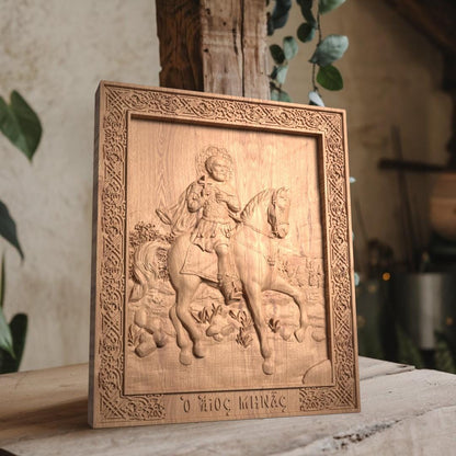 Saint Menas of Egypt Wooden Carved Handcrafted Christian Religious Icon. Byzantine Home Wall Art Decor Gift. Orthodox Greek Woodcarving Sculpture.