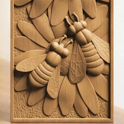 Bees Panel Handmade Wooden Carving. Home Gift Wall Art Nature Decor.