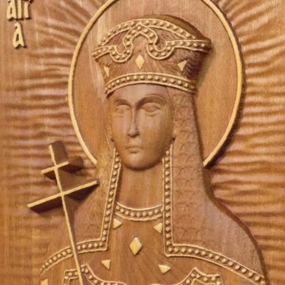 Saint Helena Wooden Carved Handcrafted Christian Religious Icon. Byzantine Home Wall Art Decor Gift. Orthodox Greek Woodcarving Sculpture.Wall Art Decor Gift. Orthodox Greek Woodcarving Sculpture.