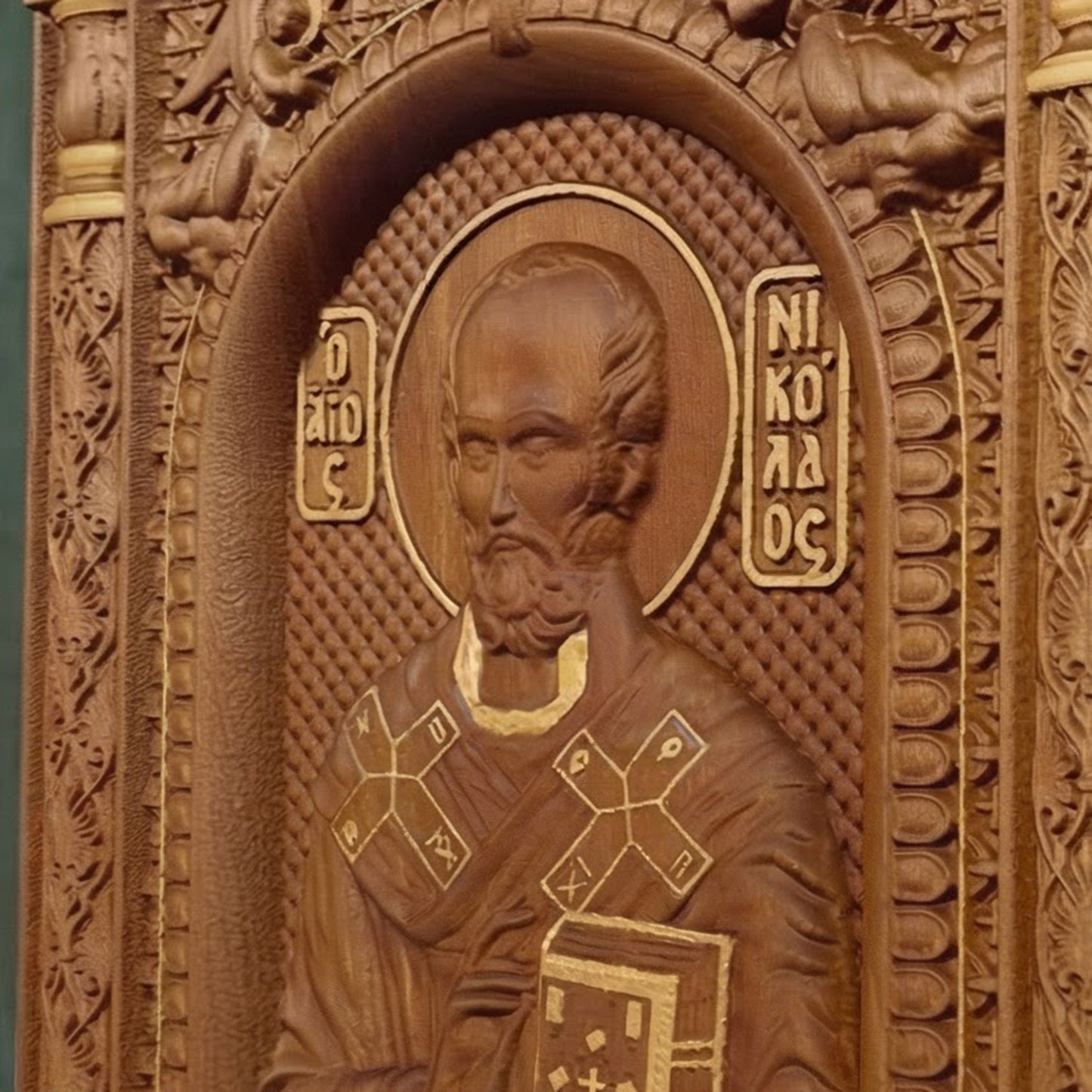 Saint Nicholas Wooden Carved Handcrafted Christian Religious Icon. Byzantine Home Wall Art Decor Gift. Orthodox Greek Woodcarving Sculpture.