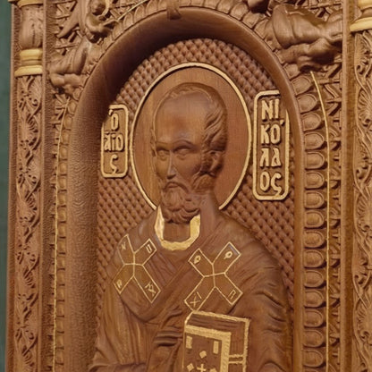 Saint Nicholas Wooden Carved Handcrafted Christian Religious Icon. Byzantine Home Wall Art Decor Gift. Orthodox Greek Woodcarving Sculpture.