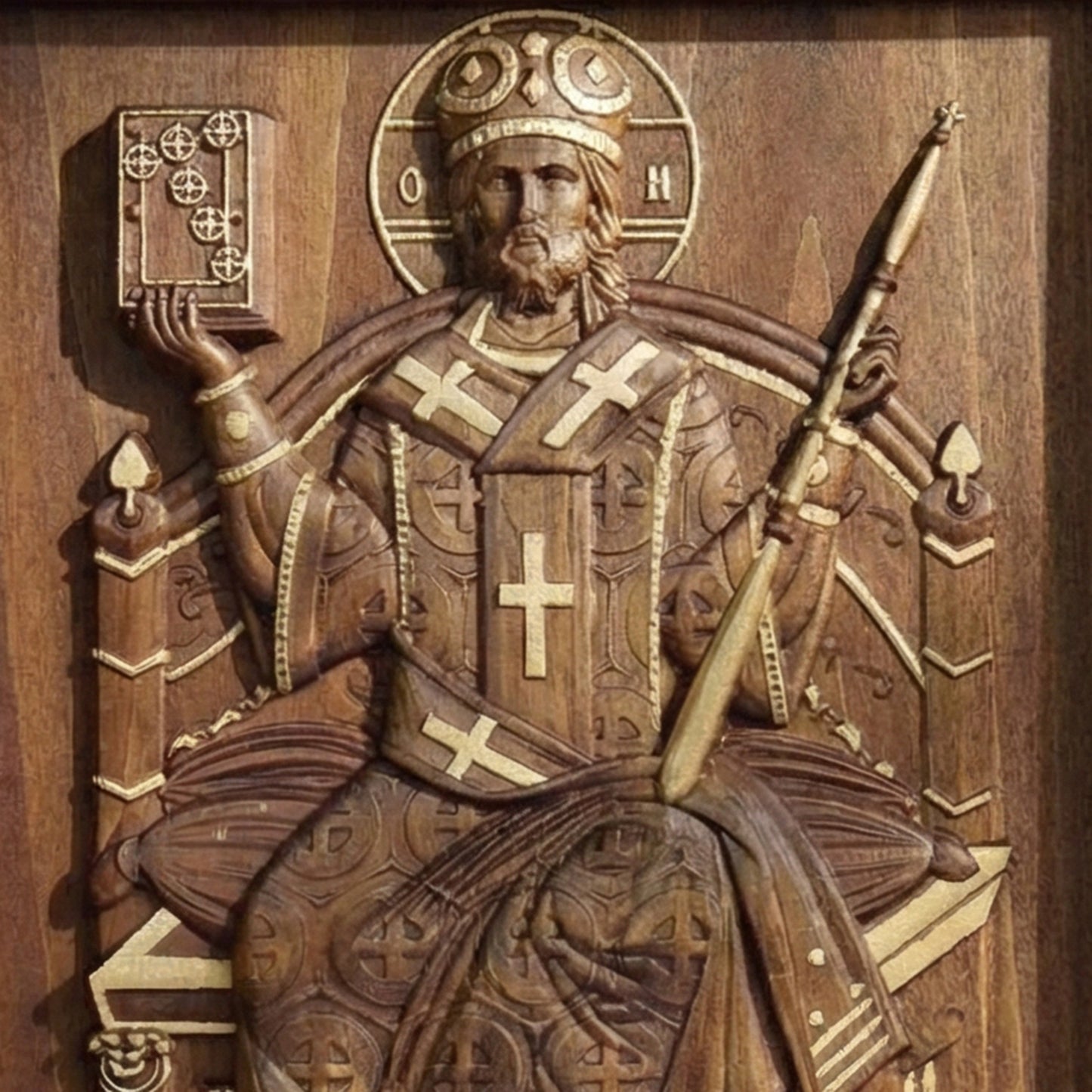 Jesus Christ Great High Priest Wooden Carved Handcrafted Christian Religious Icon. Byzantine Home Wall Art Decor Gift. Orthodox Greek Woodcarving Sculpture.