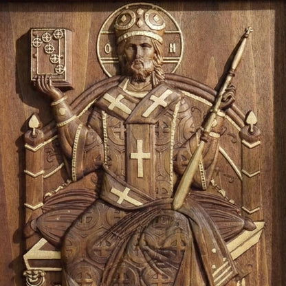 Jesus Christ Great High Priest Wooden Carved Handcrafted Christian Religious Icon. Byzantine Home Wall Art Decor Gift. Orthodox Greek Woodcarving Sculpture.