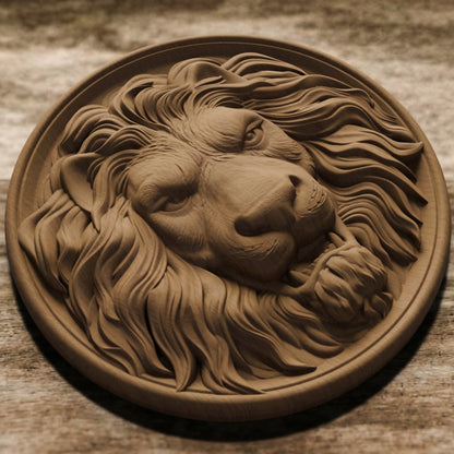 Lion Head in Plate Handmade Wooden Carving. Home Gift Wall Art Nature Decor.