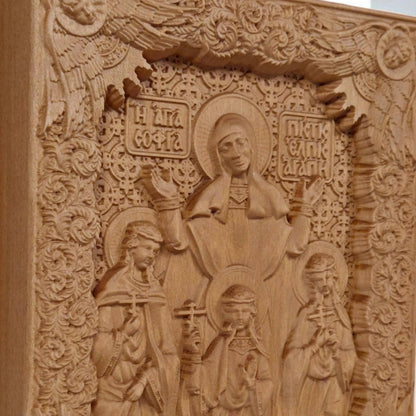 Saints Sophia Faith Hope Love Wooden Carved Handmade Christian Icon. Byzantine Greek Orthodox Decor.