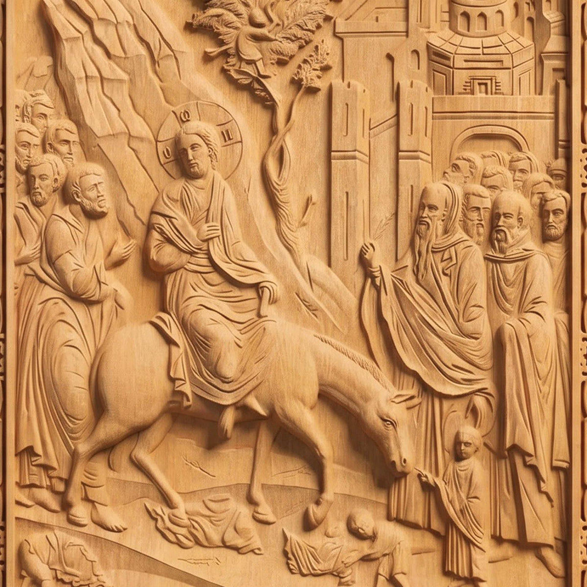 Jesus Christ Triumphal Entry  Wooden Carved Handmade Christian Icon Front Side Natural Wood Color Cretan Holy Carvings