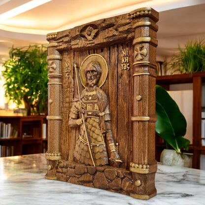 Saint Nikitas Wooden Carved Handcrafted Christian Religious Icon. Byzantine Home Wall Art Decor Gift. Orthodox Greek Woodcarving Sculpture.