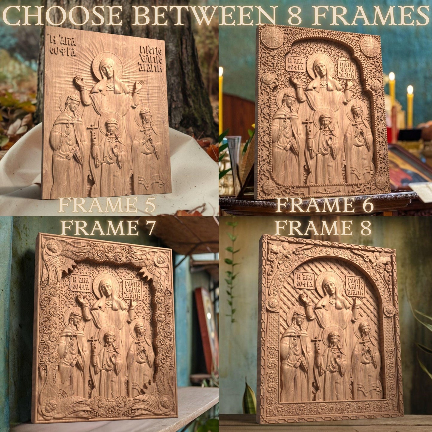 Saints Sophia Faith Hope Love Wooden Carved Handmade Christian Icon. Byzantine Greek Orthodox Decor.