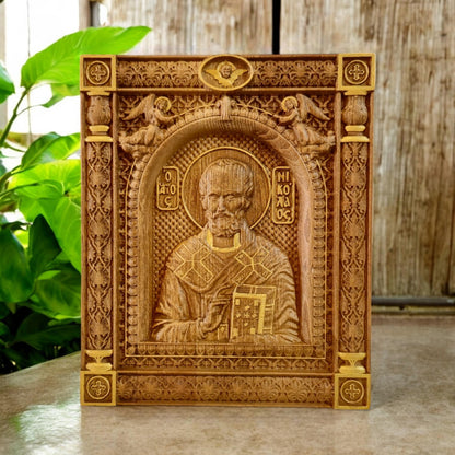 Saint Nicholas Wooden Carved Handcrafted Christian Religious Icon. Byzantine Home Wall Art Decor Gift. Orthodox Greek Woodcarving Sculpture.