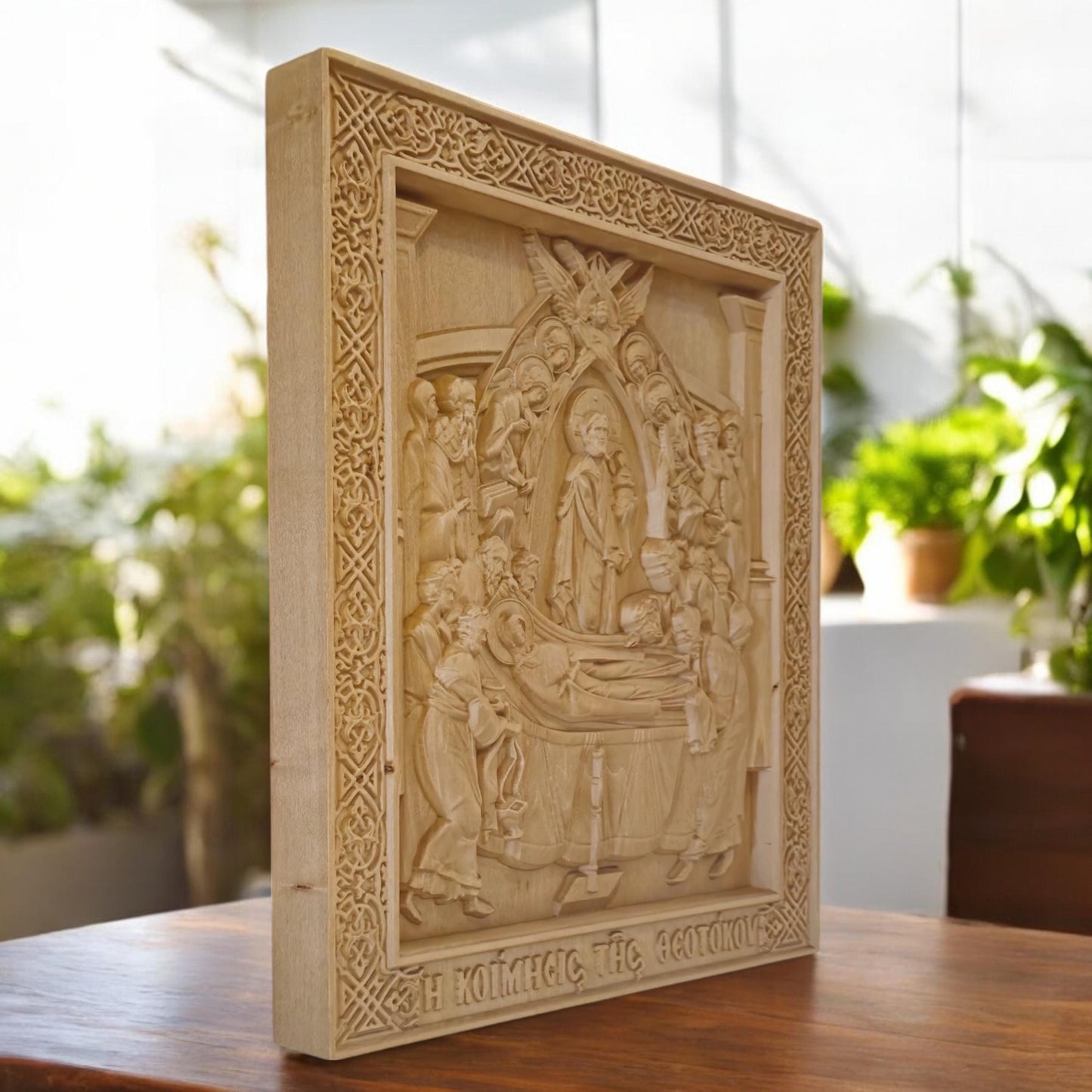 Dormition of the Mother of God Wooden Carved Handcrafted Christian Religious Icon. Byzantine Home Wall Art Decor Gift. Orthodox Greek Woodcarving Sculpture.