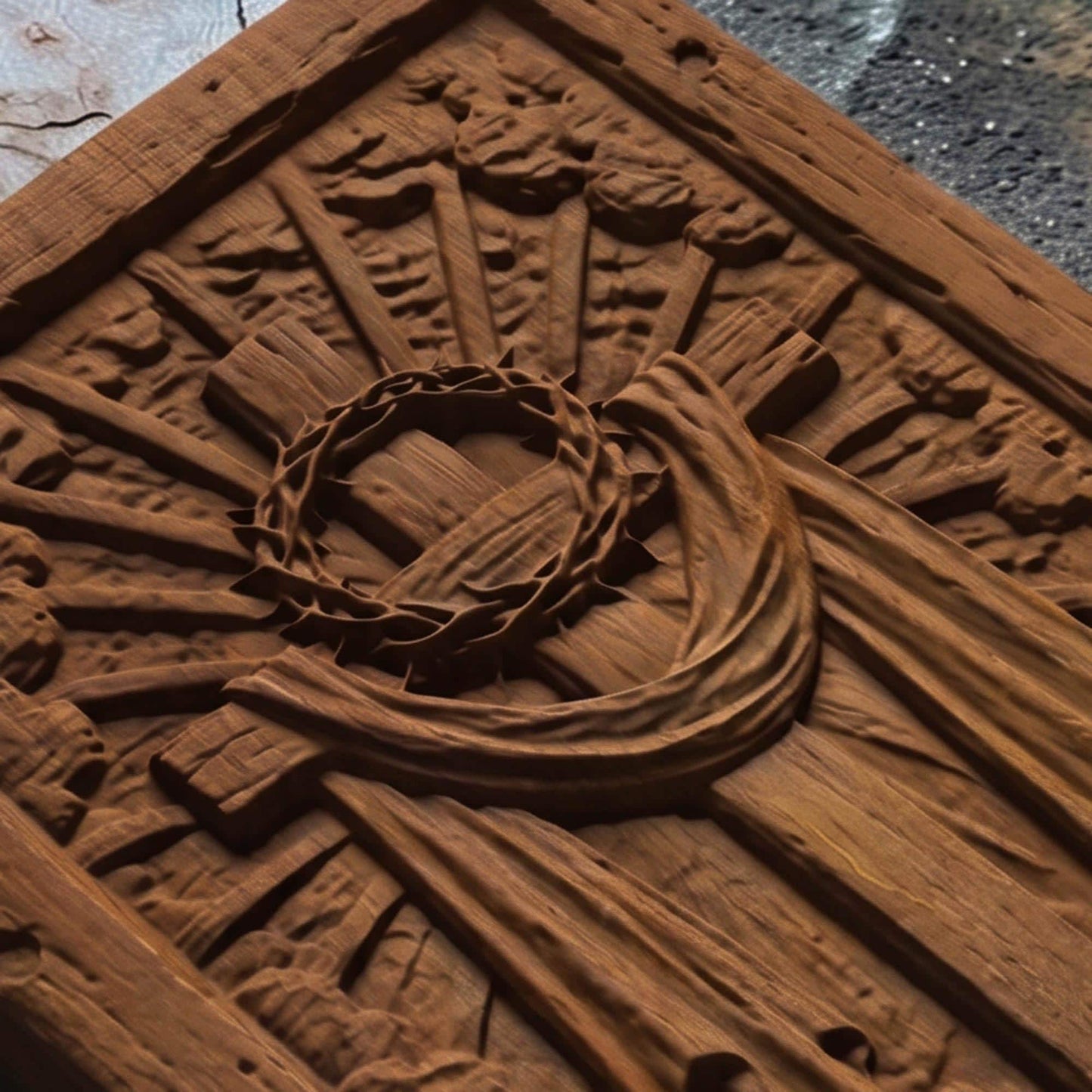 Jesus Christ Cross and Crown of Thorns Wooden Carved Handmade Christian Icon  Byzantine Greek Orthodox Home Art Decor Cretan Holy Carvings