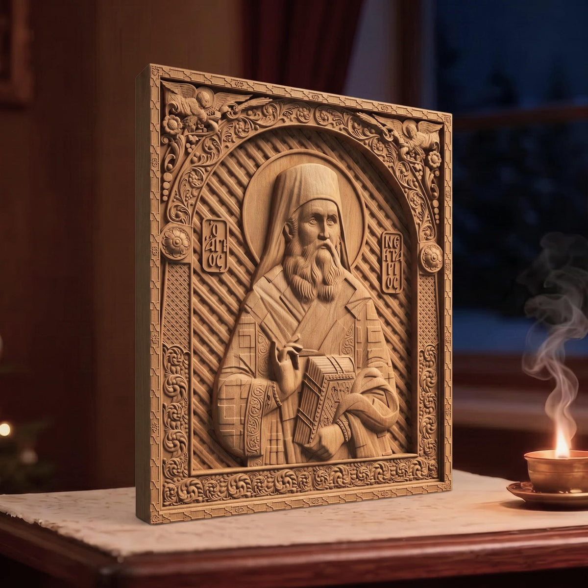 Saint Nectarios of Aegina Wooden Carved Handmade Christian Icon | Byzantine Greek Orthodox Home Art Decor