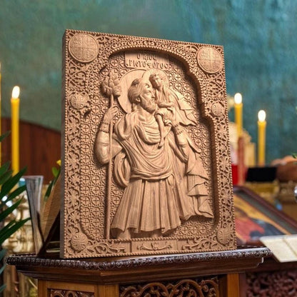 Saint Christopher Wooden Carved Handcrafted Christian Religious Icon. Byzantine Home Wall Art Decor Gift. Orthodox Greek Woodcarving Sculpture.