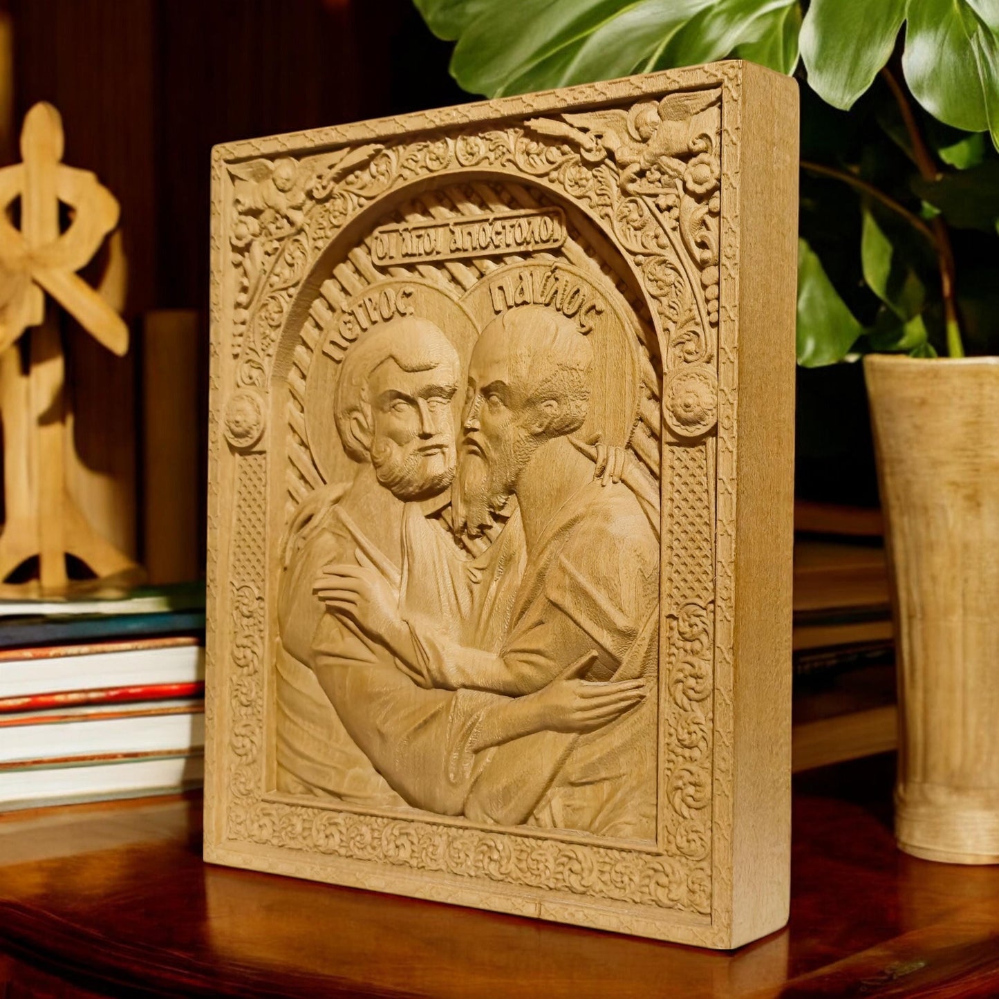 Αpostles Peter and Paul Wooden Carved Handcrafted Christian Religious Icon. Byzantine Home Wall Art Decor Gift. Orthodox Greek Woodcarving Sculpture.