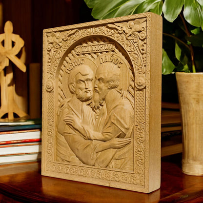 Αpostles Peter and Paul Wooden Carved Handcrafted Christian Religious Icon. Byzantine Home Wall Art Decor Gift. Orthodox Greek Woodcarving Sculpture.