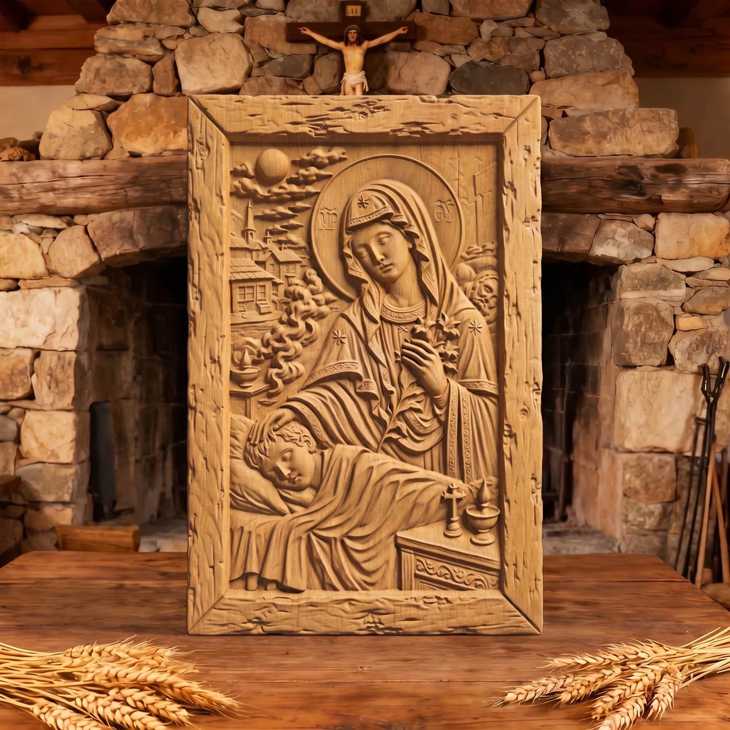 Virgin Mary Protects the Children Wooden Carved Handmade Christian Icon  Byzantine Greek Orthodox Home Decor Cretan Holy Carvings