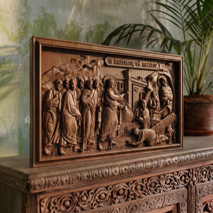 Lazarus Resurrection from Jesus Christ   Wooden Carved Handmade Christian Icon | Byzantine Greek Orthodox Home Art Decor