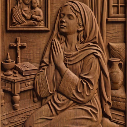 Young Girl Praying to God Wooden Carved Handmade Christian Icon  Byzantine Greek Orthodox Home Decor Cretan Holy Carvings
