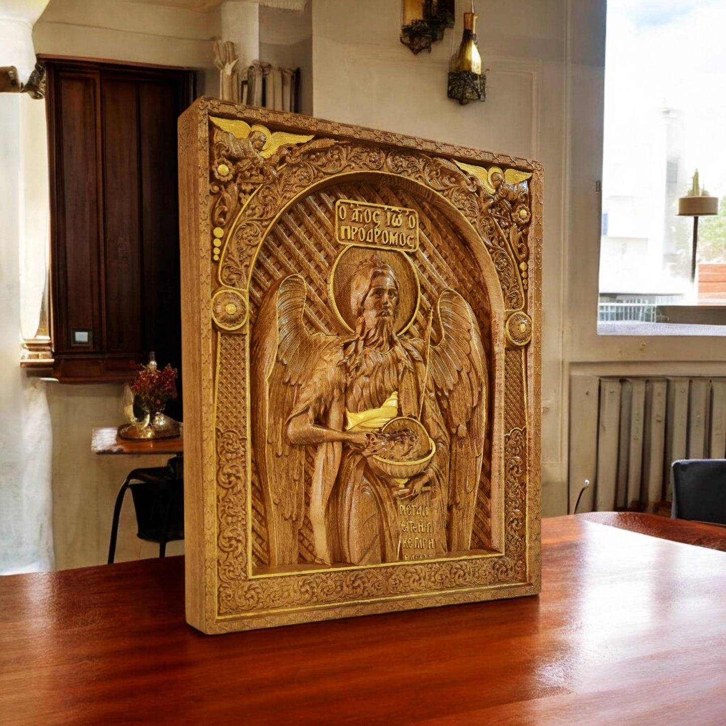 Saint John the Baptist Wooden Carved Handcrafted Christian Religious Icon. Byzantine Home Wall Art Decor Gift. Orthodox Greek Woodcarving Sculpture.