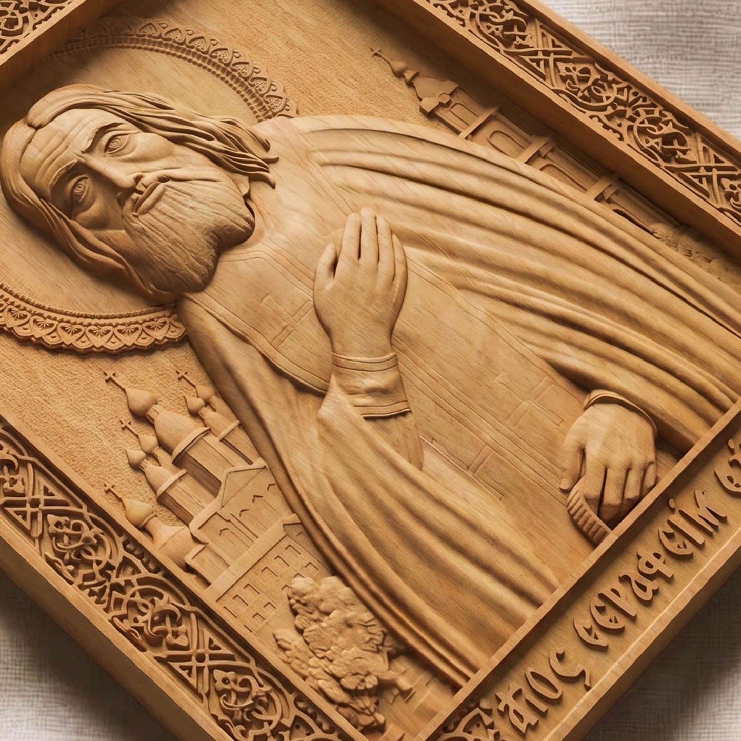Saint Seraphim of Sarov Wooden Carved Handmade Christian Wooden Carved Handmade Christian Icon Flat Side Natural Wood Color Cretan Holy Carvings